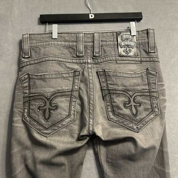Rock Revival Russell Slim Straight Jeans Mens Size 33 Gray Embroidered - Picture 4 of 13
